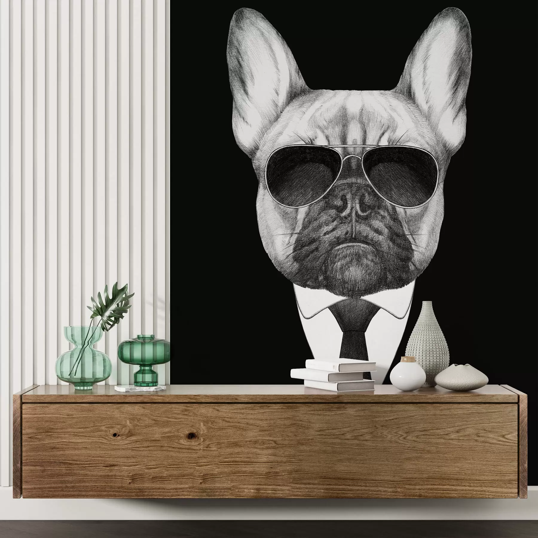 Papier peint Portrait d'un bouledogue français en costume et lunettes de soleil u98183