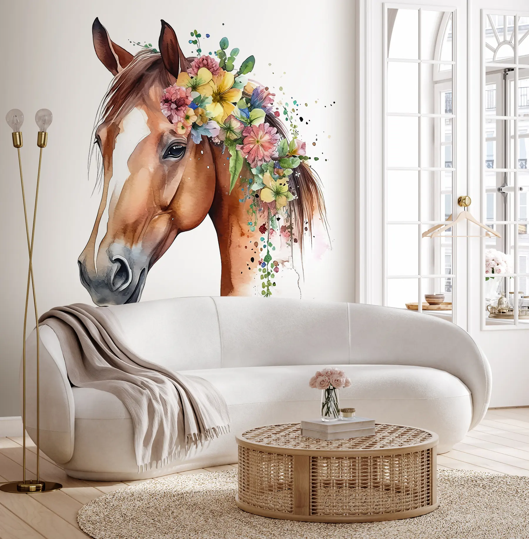 Papier peint Cheval avec fleurs à l'aquarelle u98192