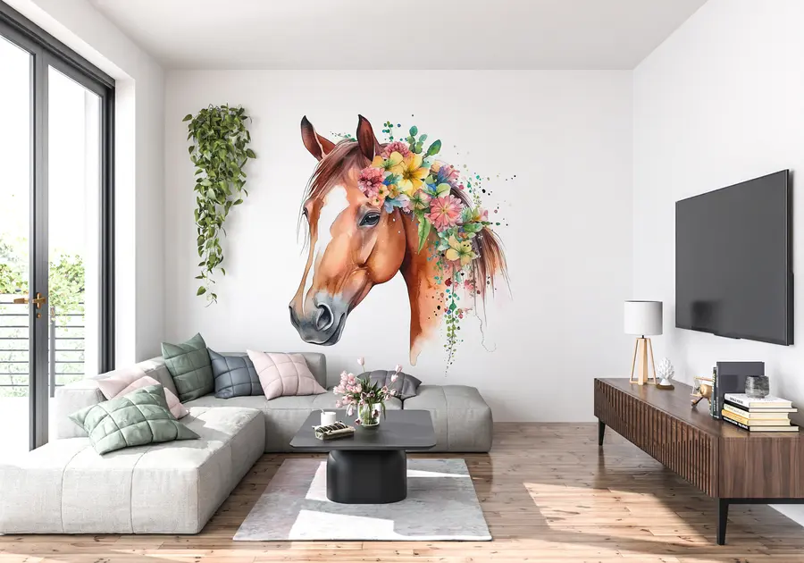 Papier peint Cheval avec fleurs à l'aquarelle u98192