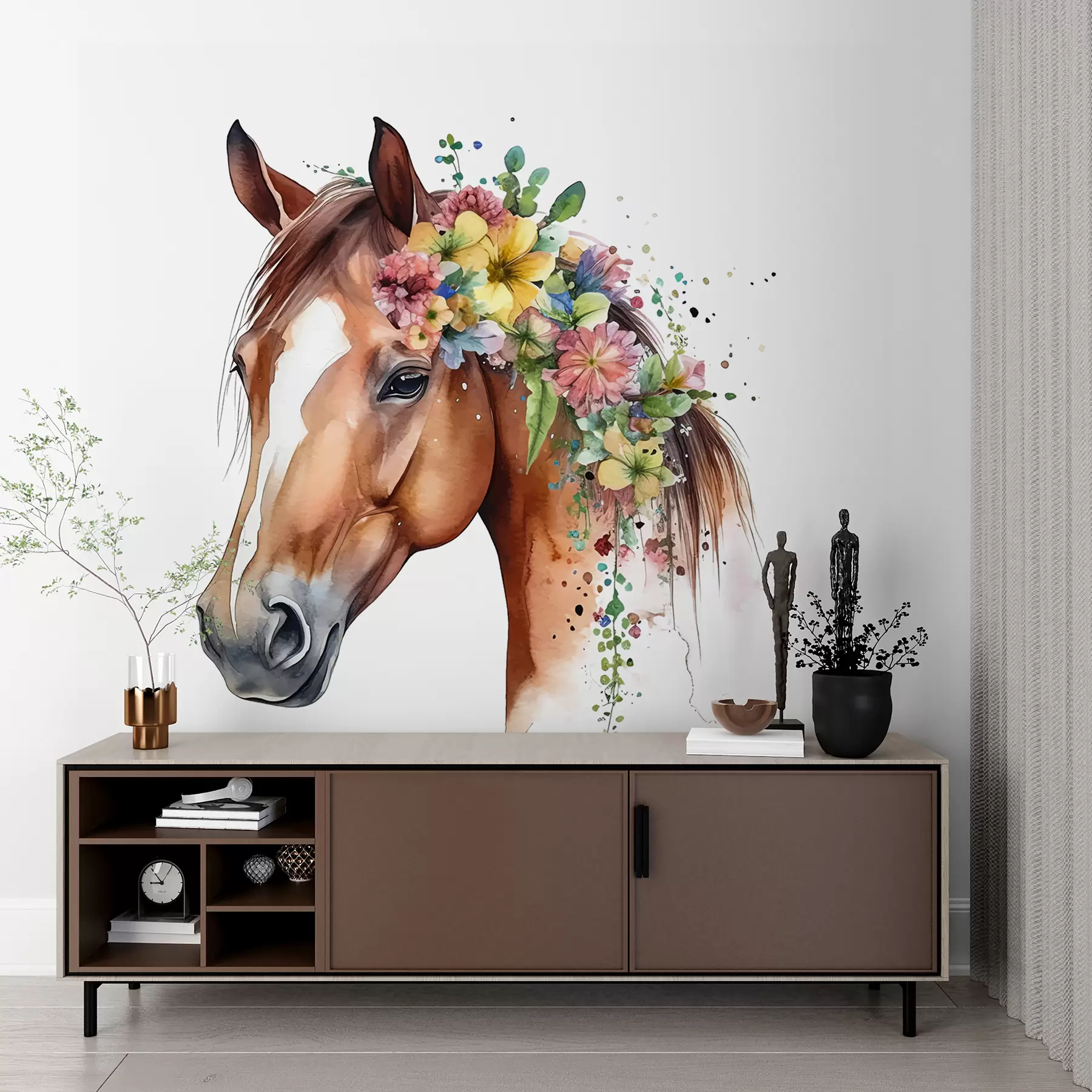 Papier peint Cheval avec fleurs à l'aquarelle u98192