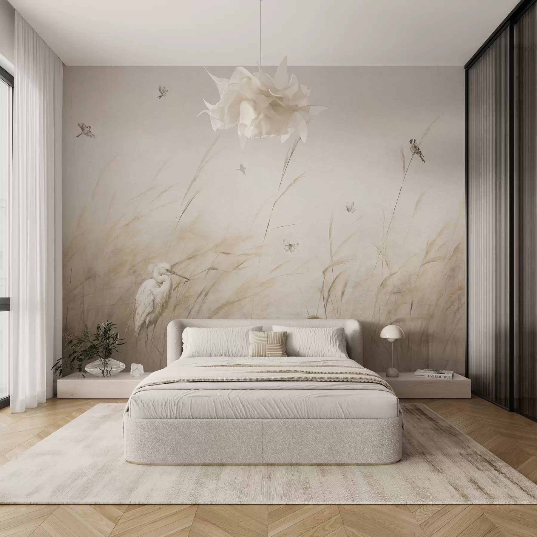 Papier peint Oiseaux sur le lac parmi des fleurs séchées, des plantes et de l'herbe u98439