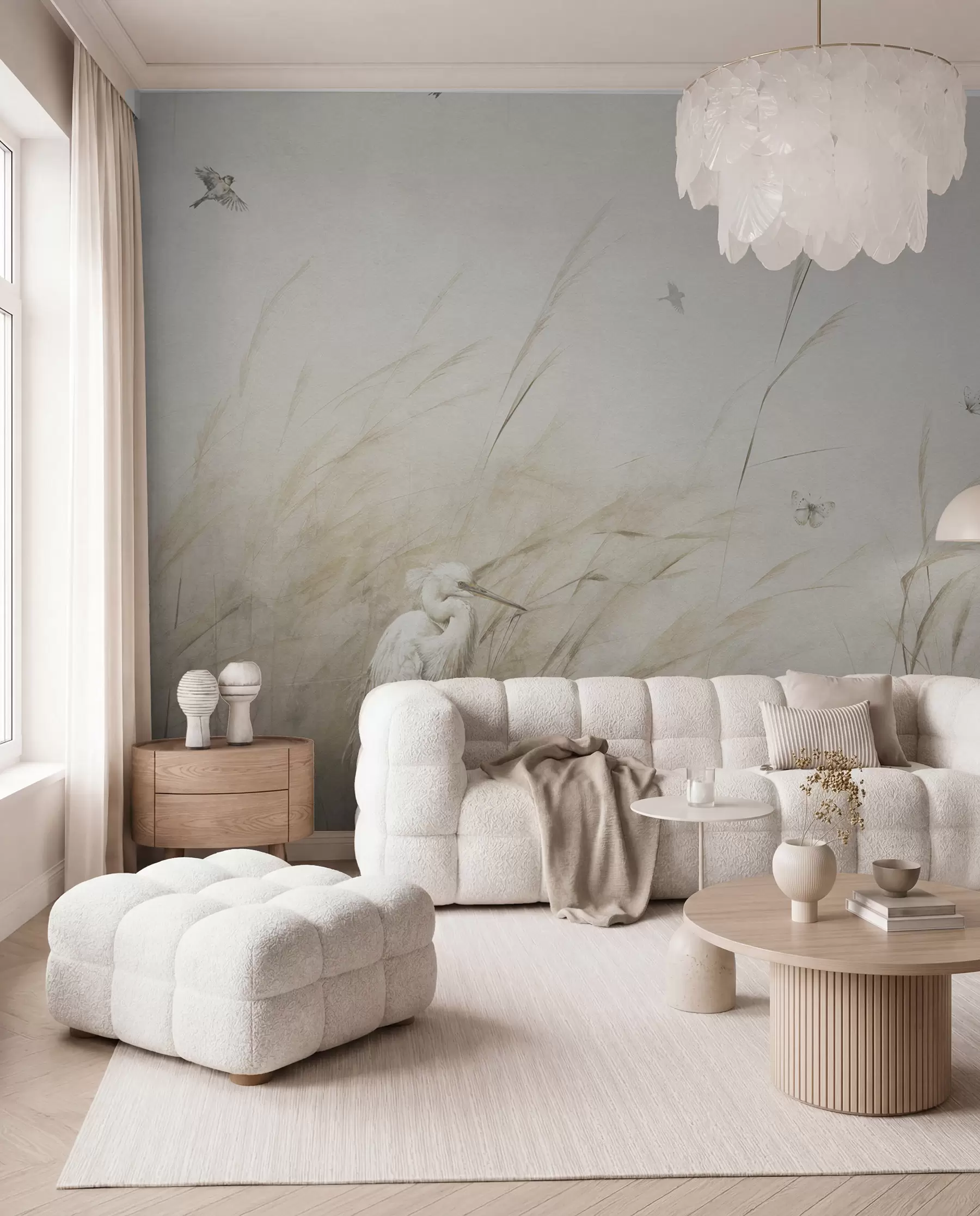 Papier peint Oiseaux sur le lac parmi des fleurs séchées, des plantes et de l'herbe u98439