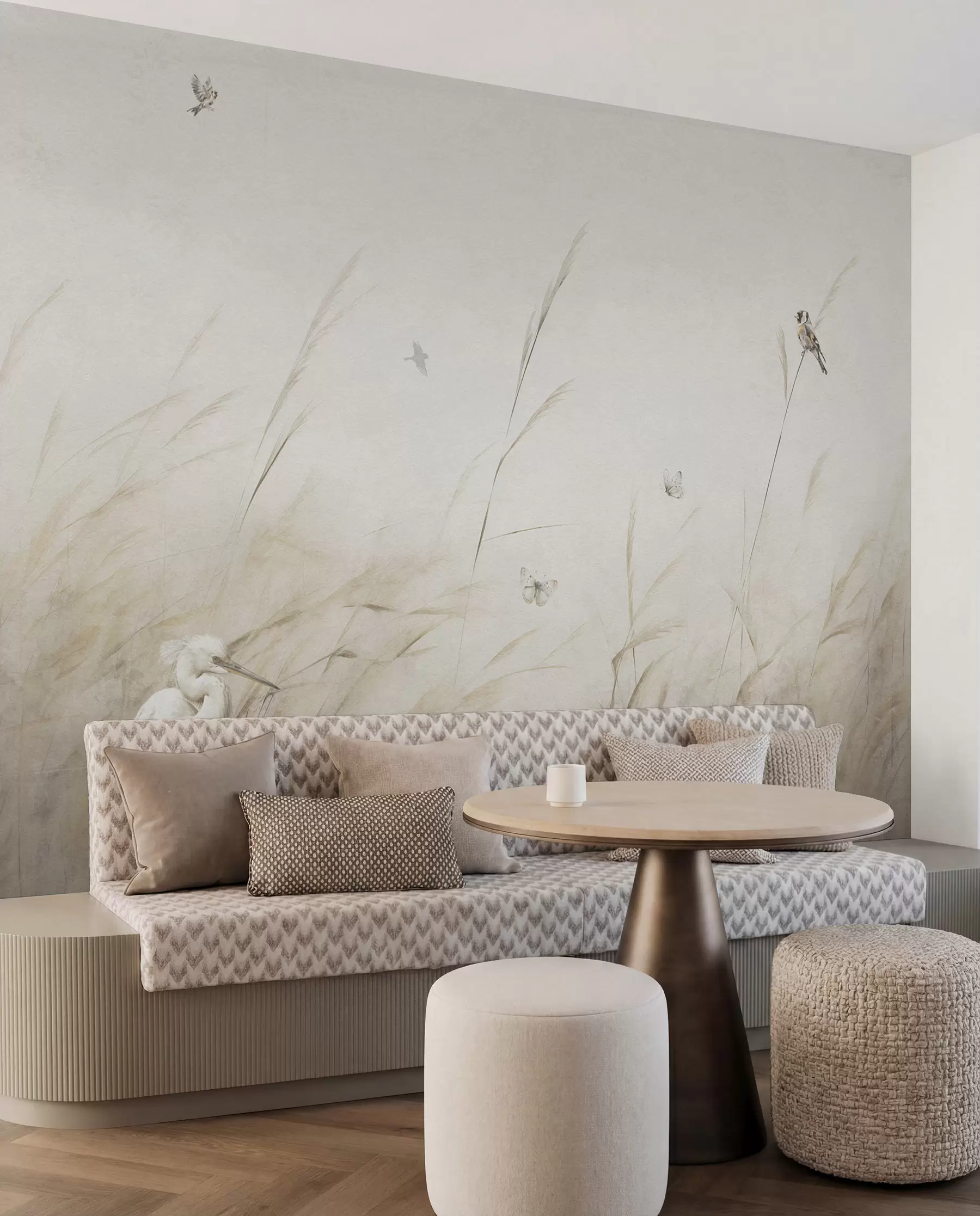 Papier peint Oiseaux sur le lac parmi des fleurs séchées, des plantes et de l'herbe u98439