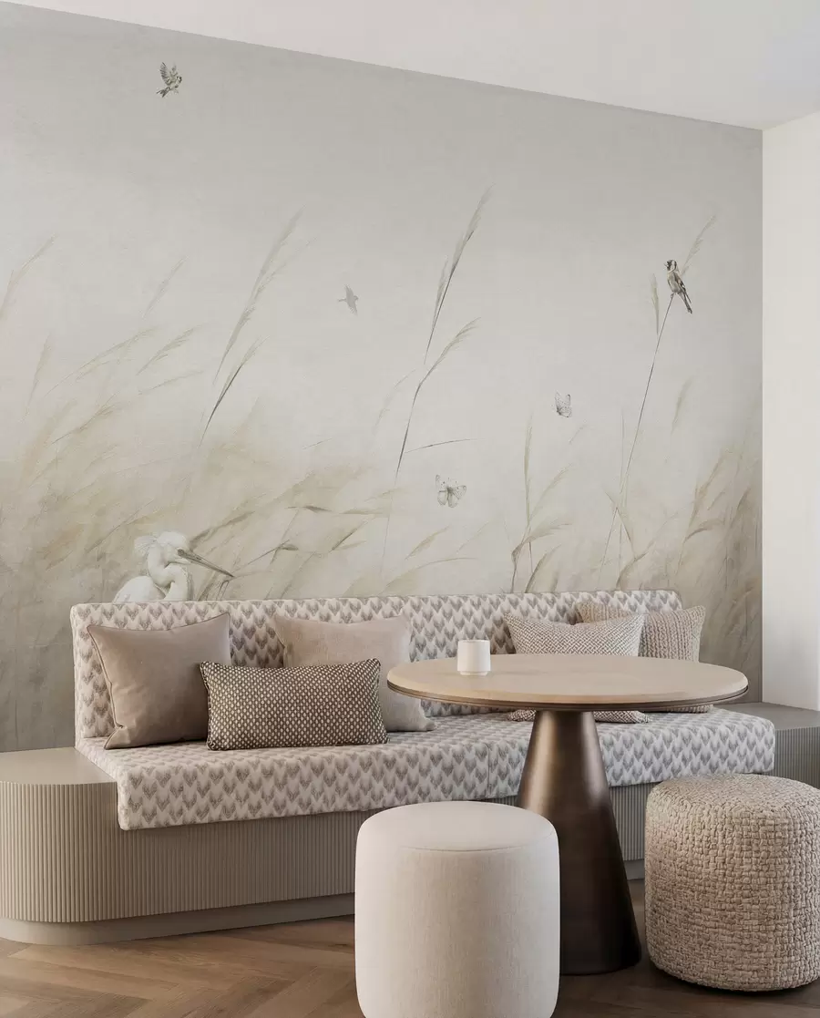 Papier peint Oiseaux sur le lac parmi des fleurs séchées, des plantes et de l'herbe u98439