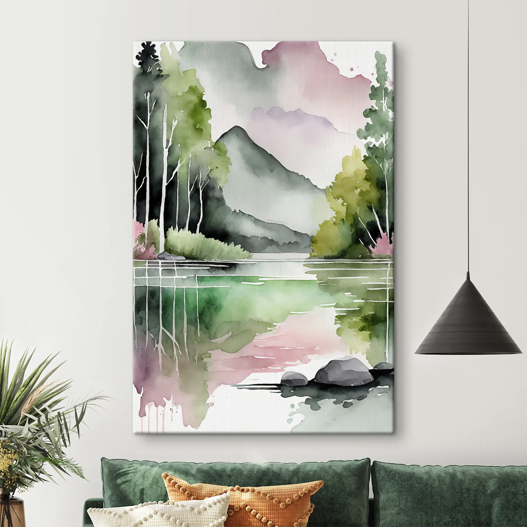 Papier peint Aquarelle paysage naturel, lac et forêt, couleurs douces vertes roses et grises s36507