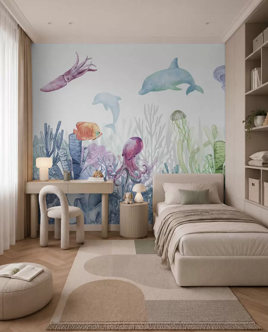 Papier peint Vie sous-marine, animaux marins, aquarelle, coraux, dauphin, pieuvre u98899