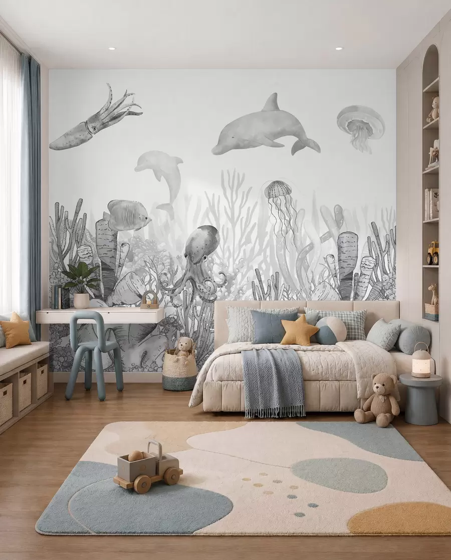 Papier peint Vie sous-marine, animaux marins, aquarelle couleur grise, coraux, dauphin, pieuvre u98899v1