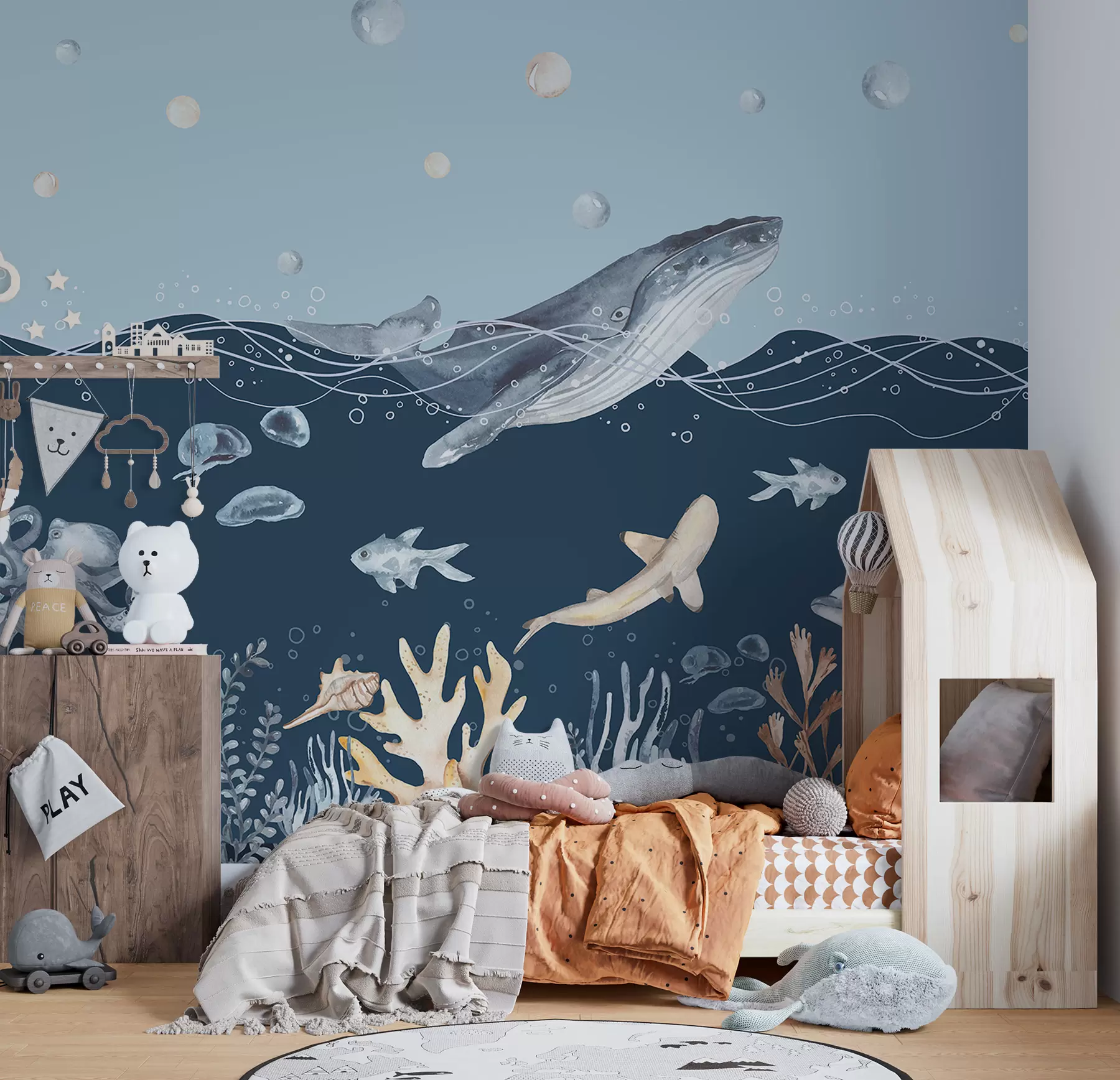 Papier peint Vie sous-marine, baleine, dauphin, coraux, animaux marins, thème océanique, couleurs pastel u98902