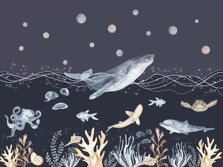 Papier peint Vie sous-marine, baleine, dauphin, coraux, animaux marins, beige et bleu u98902v1