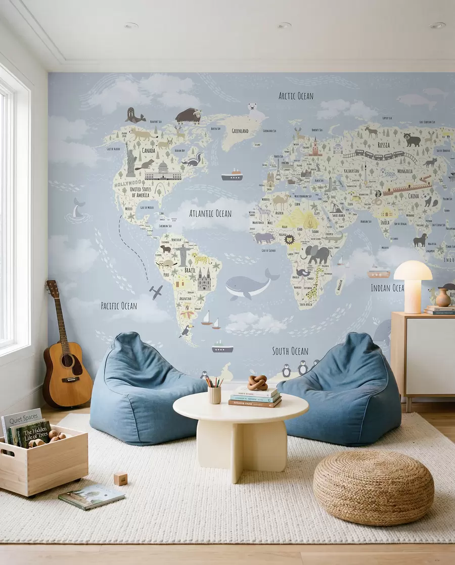 Papier peint Carte du monde pour enfants avec animaux et points de repère u96587