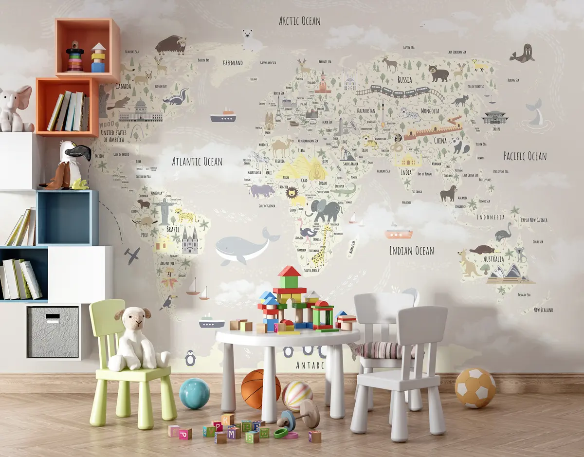 Papier peint Carte du monde pour enfants avec animaux et points de ...