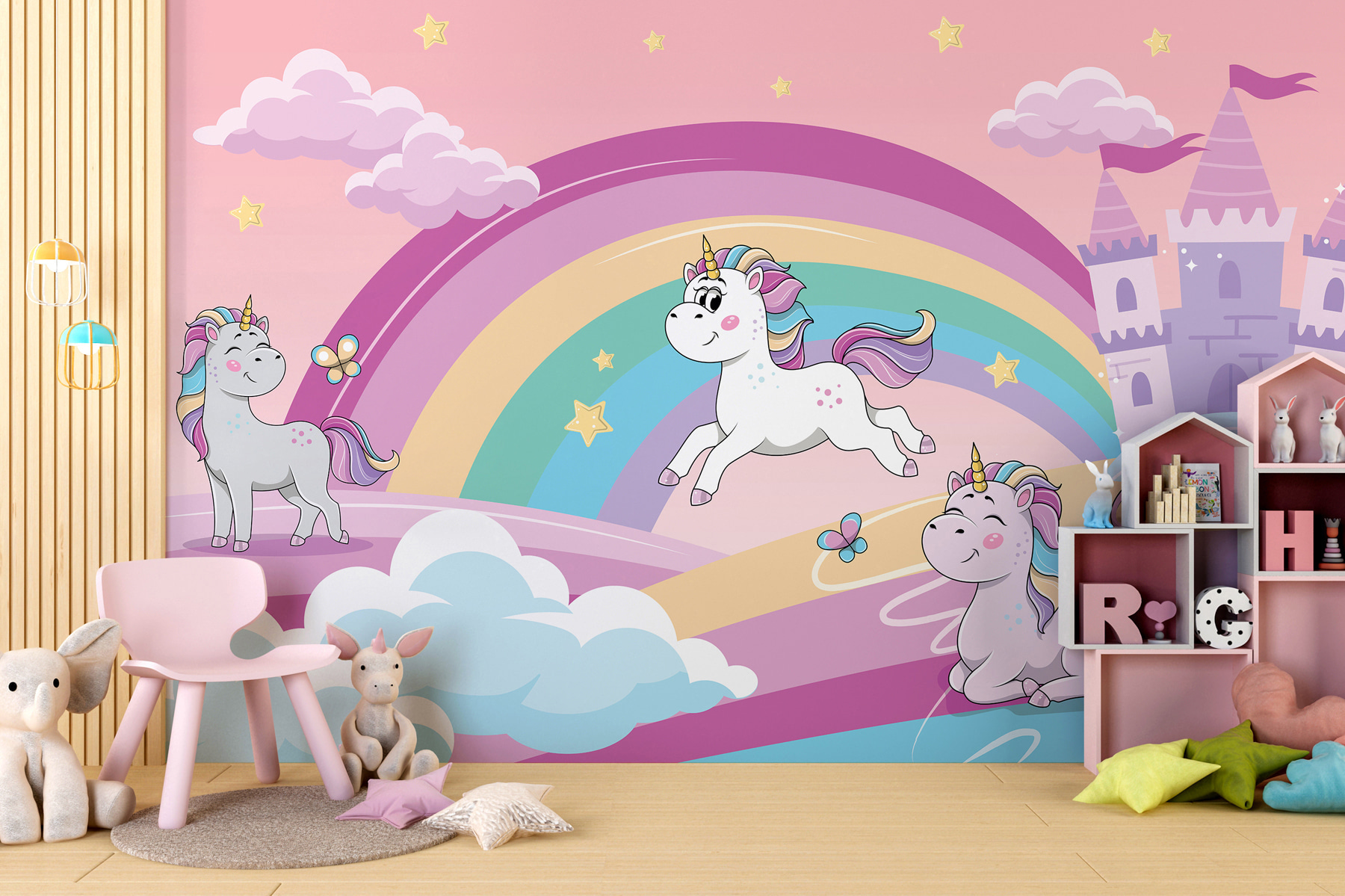 Murale Licornes Et Château Pulaton – Papier Peint Fantaisie Autocollant Pour Chambre