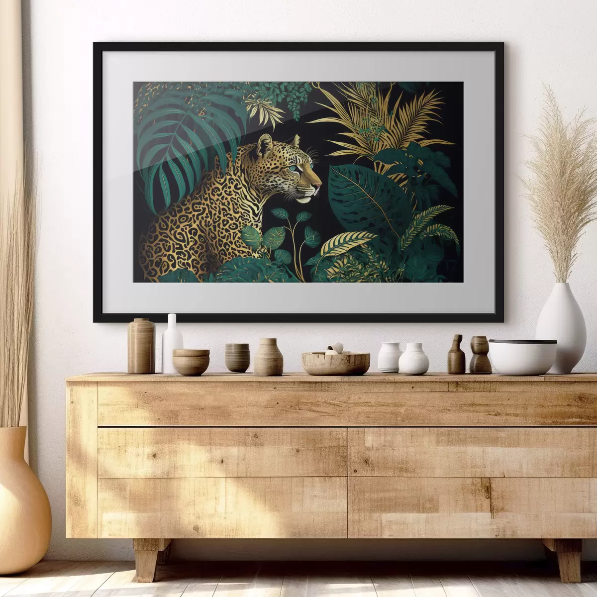 Poster Léopard aux yeux verts dans un maquis tropical f33932