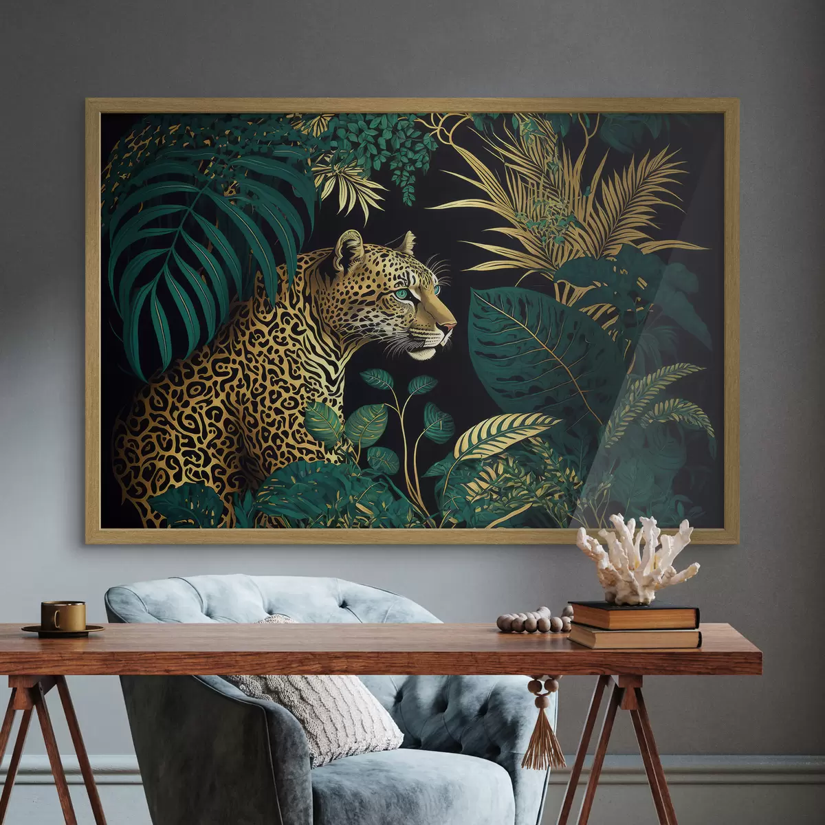 Poster Léopard aux yeux verts dans un maquis tropical f33932