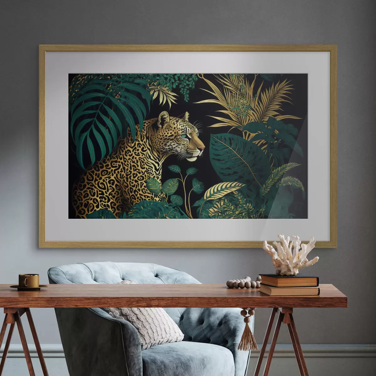 Poster Léopard aux yeux verts dans un maquis tropical f33932