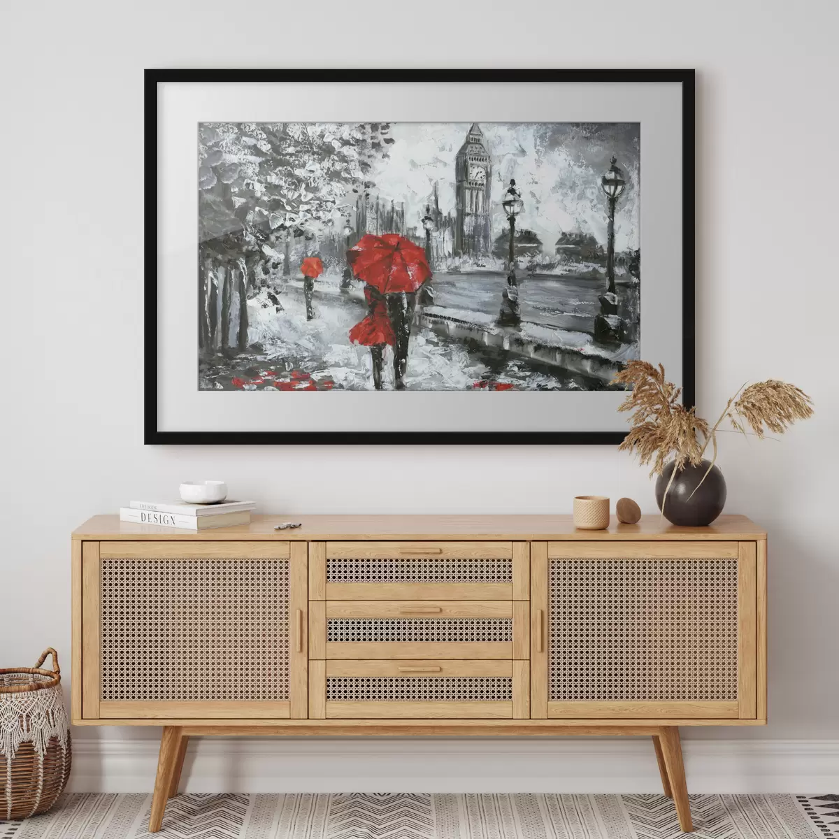 Poster Peinture à l'huile, vue de la rue de Londres en noir et blanc f34614