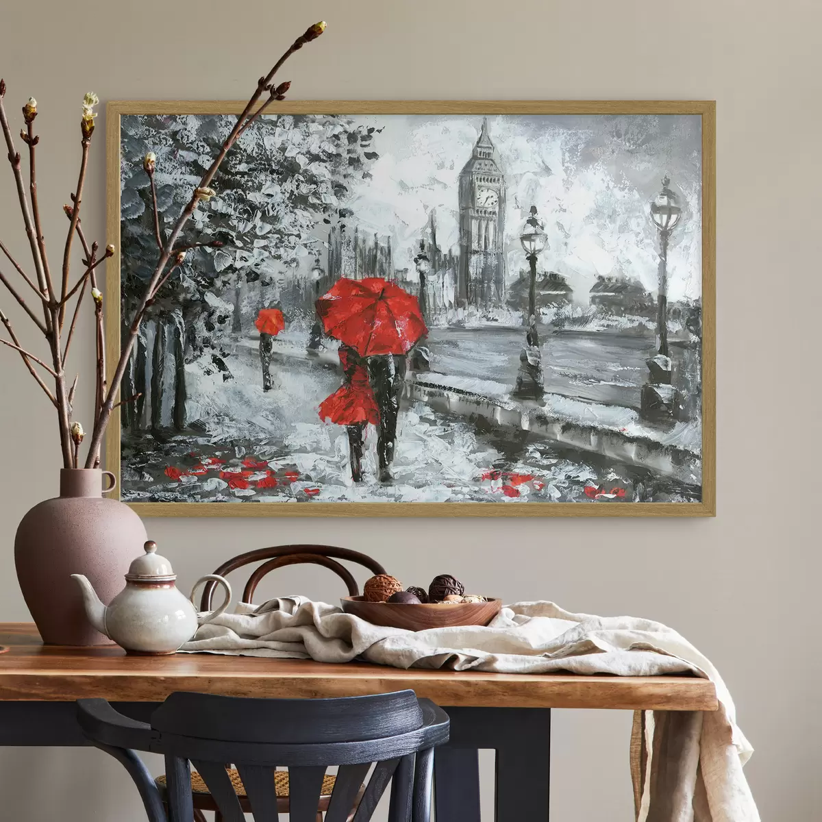 Poster Peinture à l'huile, vue de la rue de Londres en noir et blanc f34614