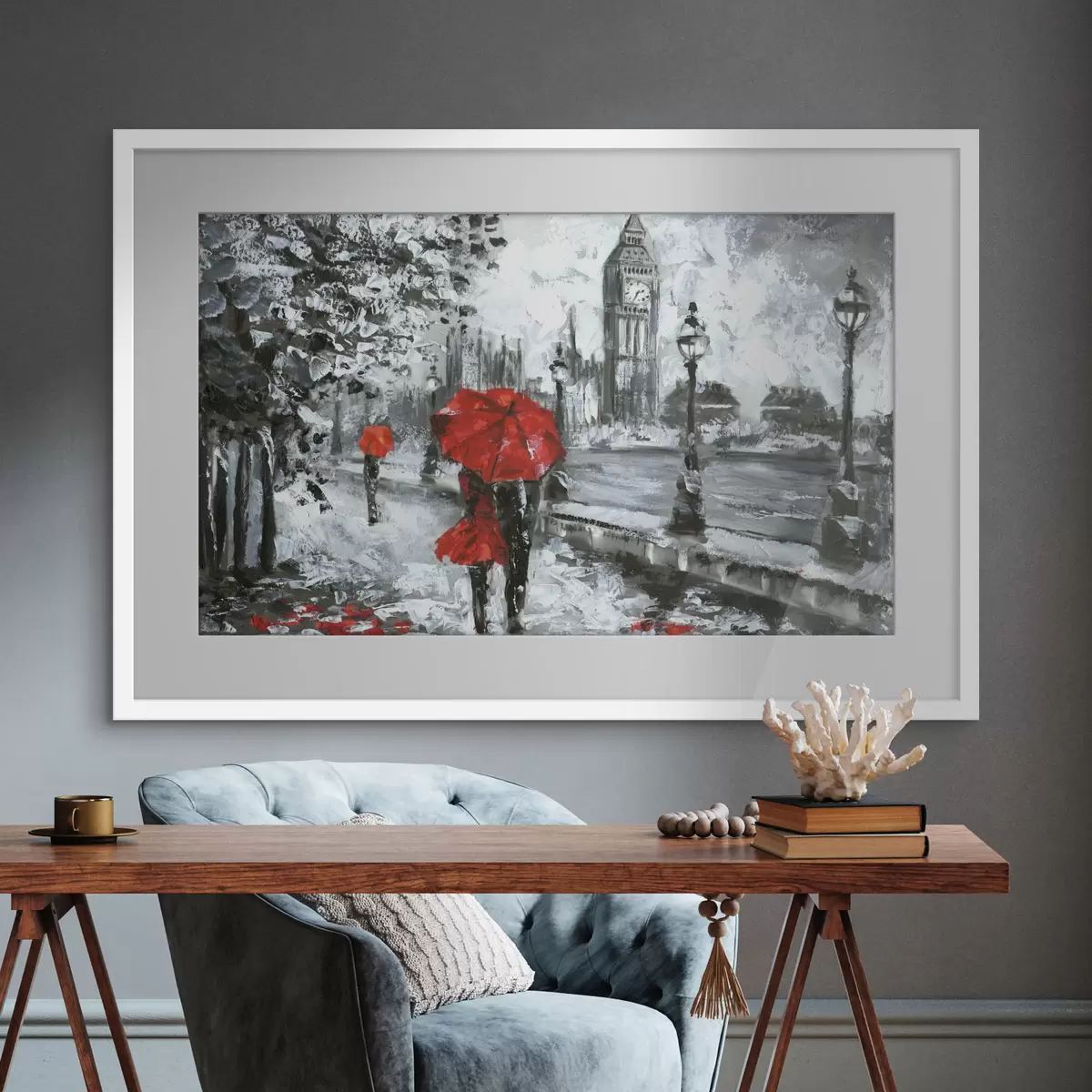Poster Peinture à l'huile, vue de la rue de Londres en noir et blanc f34614