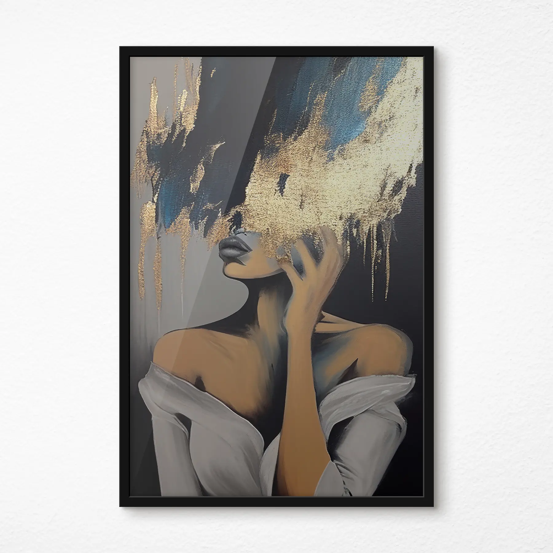 Papier peint Jeune femme au visage peint en noir et or à l'aquarelle f34863