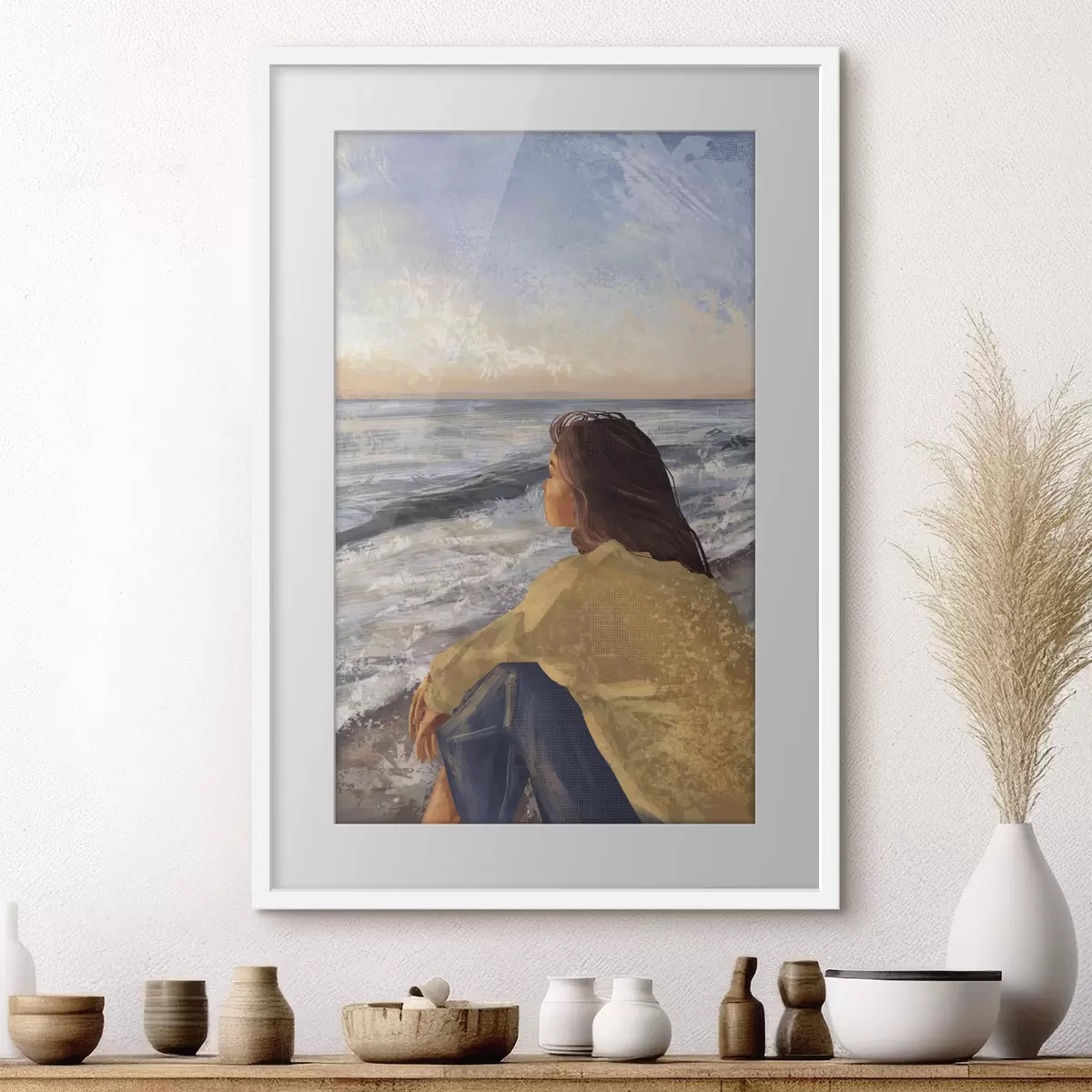 Poster Femme au bord de la mer, contemplant les vagues f35317