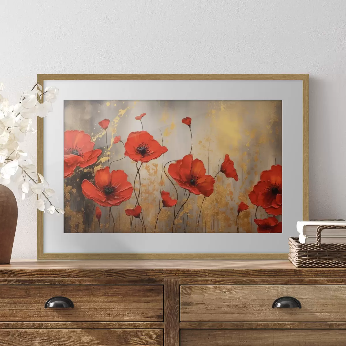 Poster Coquelicots sur fond abstrait brun f35515