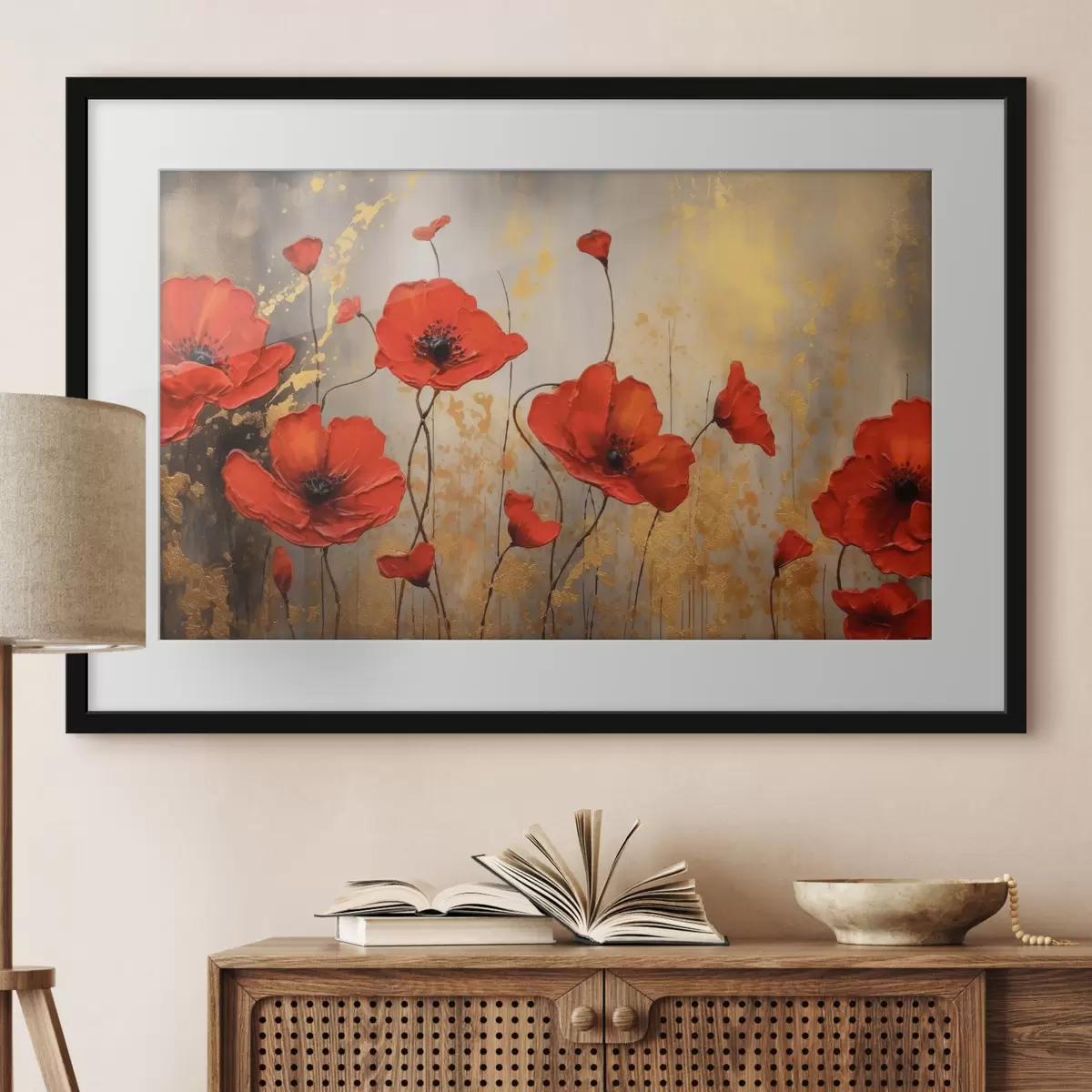 Poster Coquelicots sur fond abstrait brun f35515