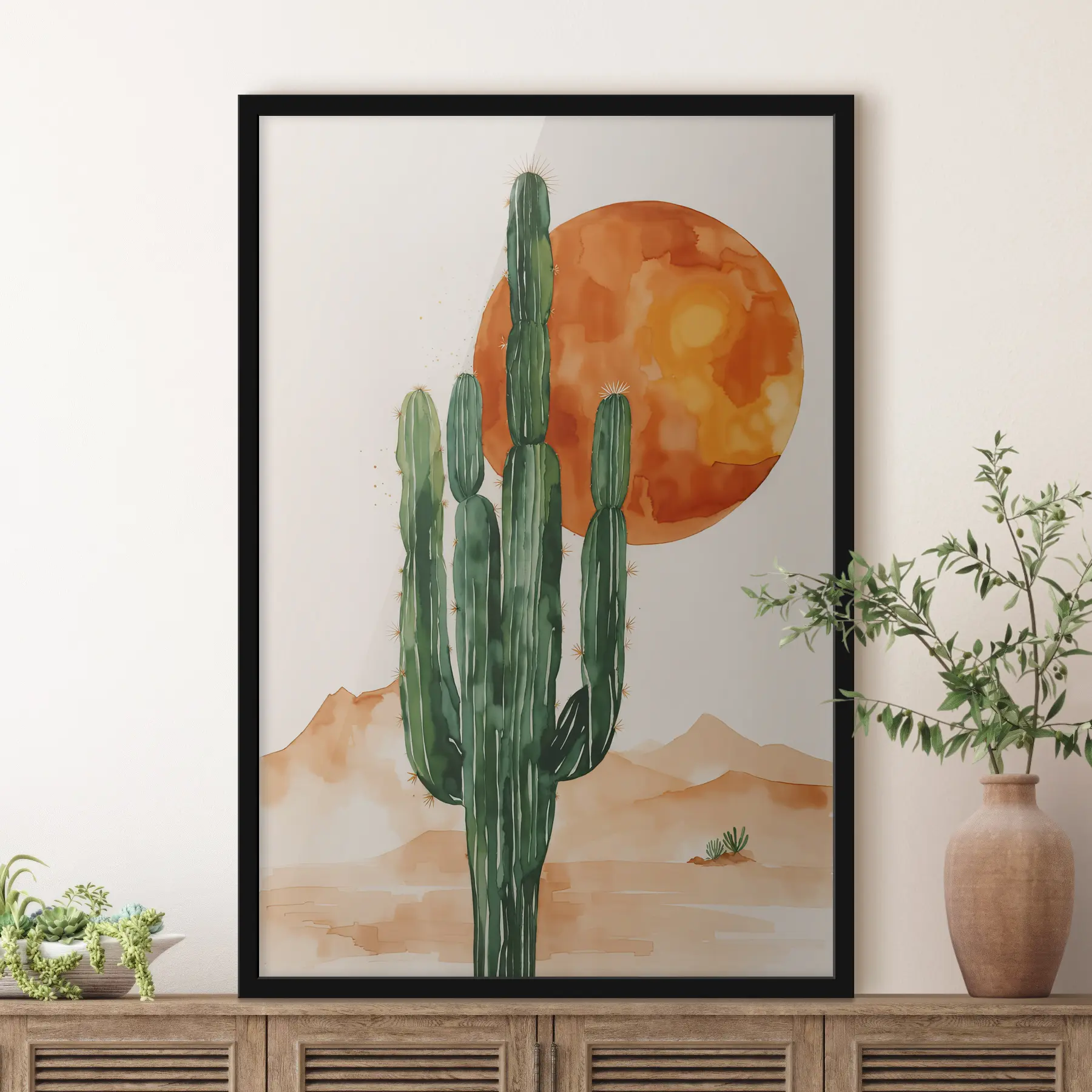 Tableau Aquarelle d'un cactus dans le désert contre le soleil f36269