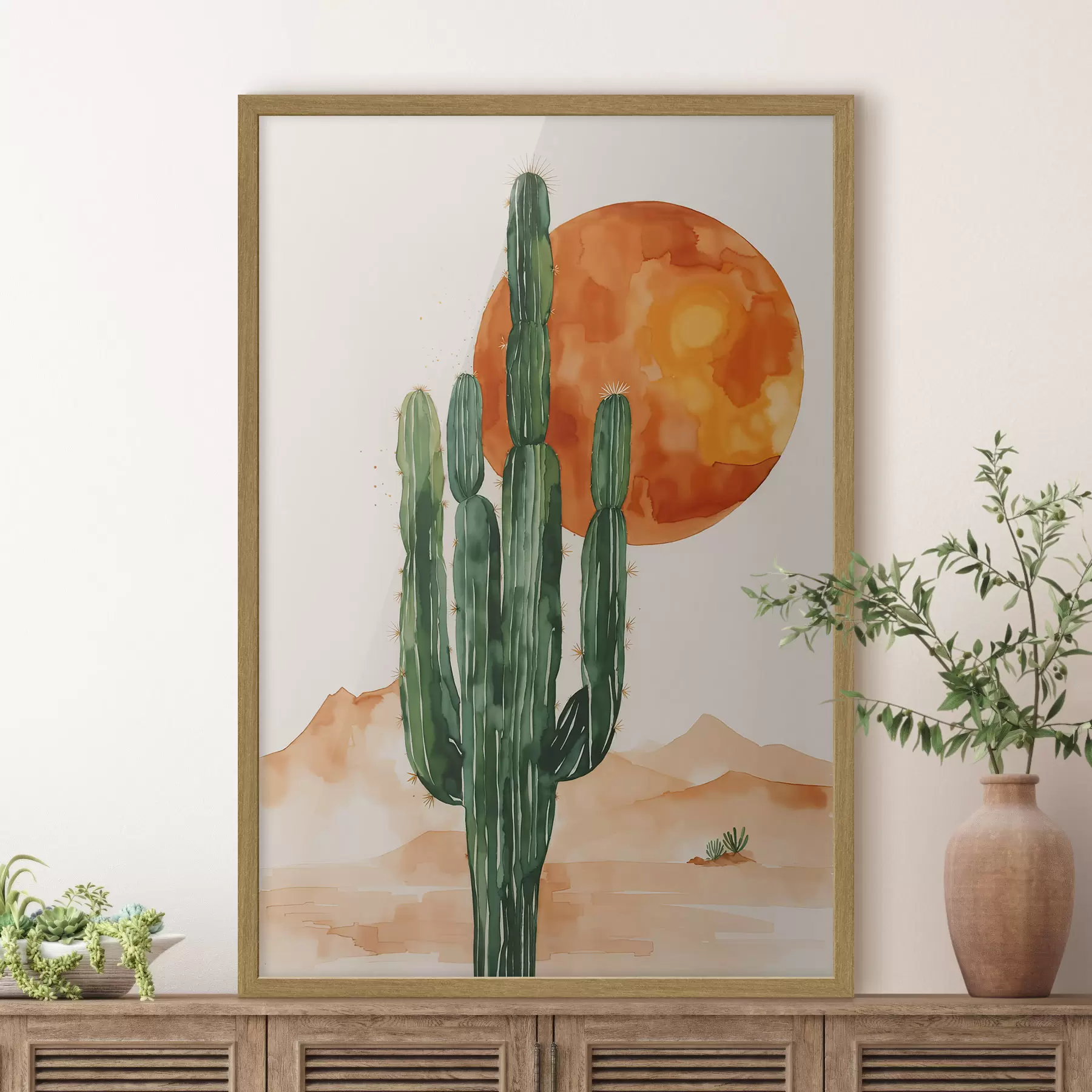 Papier peint Aquarelle d'un cactus dans le désert contre le soleil f36269