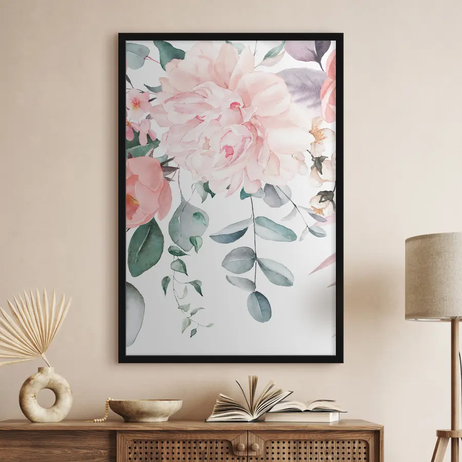 Papier peint Fleur d'acarella rose sur fond de feuilles suspendues f36141