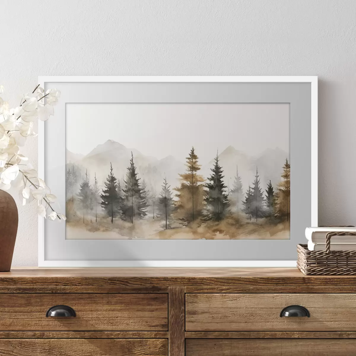 Poster Aquarelle d'épicéas sur fond de montagnes f36010