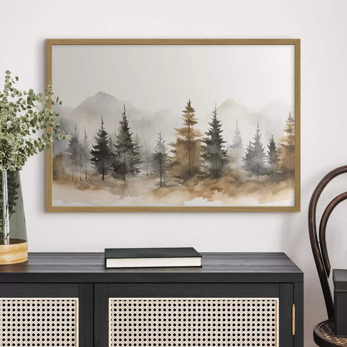 Poster Aquarelle d'épicéas sur fond de montagnes f36010