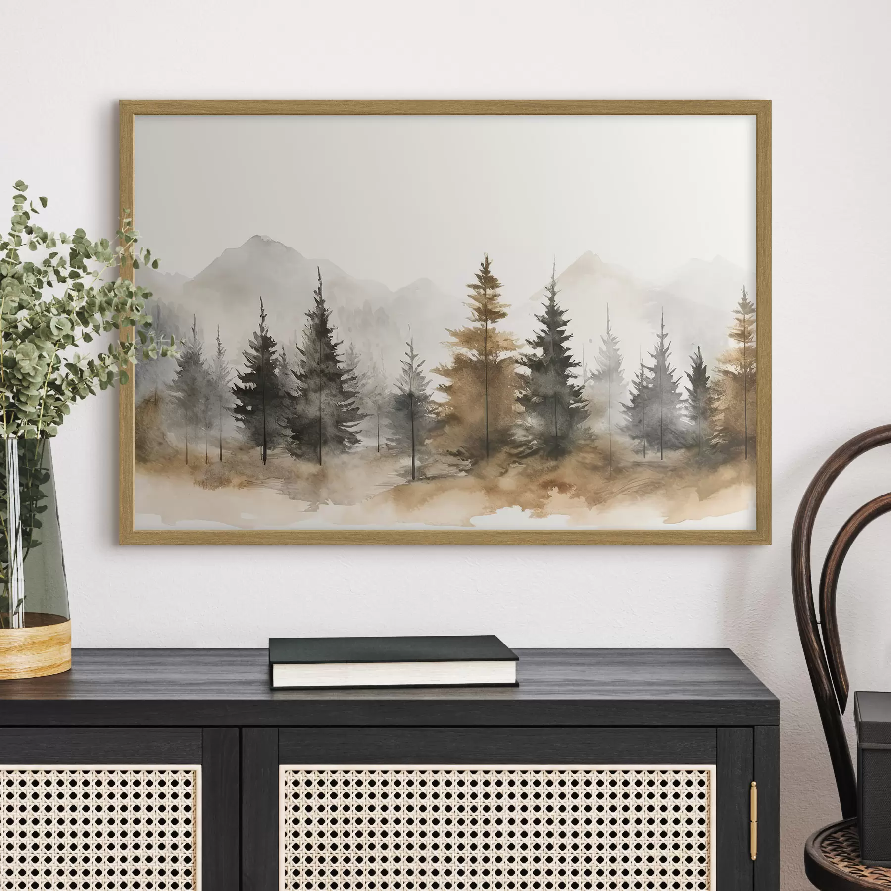 Papier peint Aquarelle d'épicéas sur fond de montagnes f36010