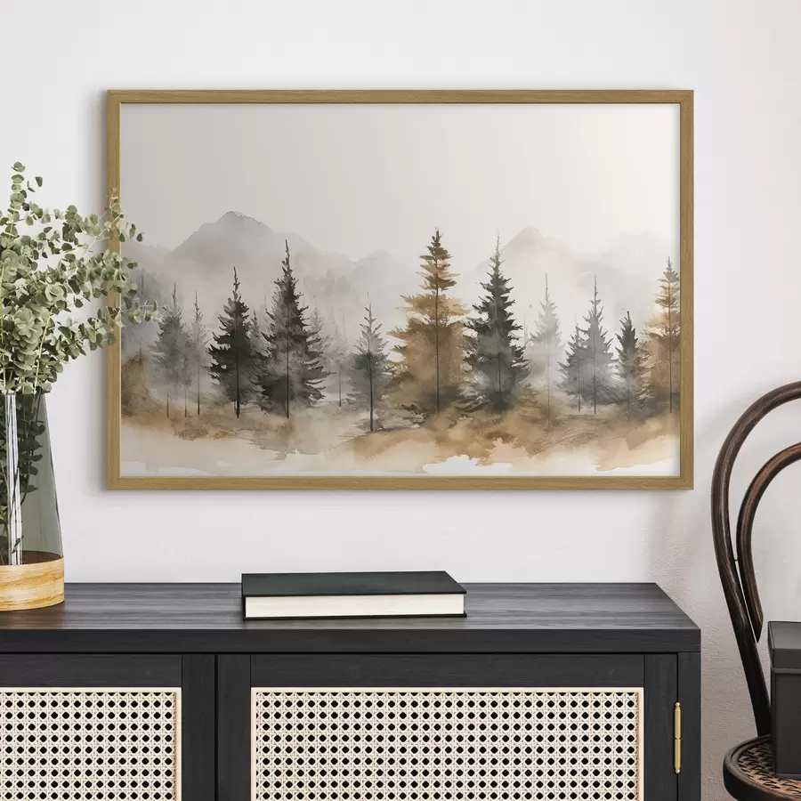 Papier peint Aquarelle d'épicéas sur fond de montagnes f36010