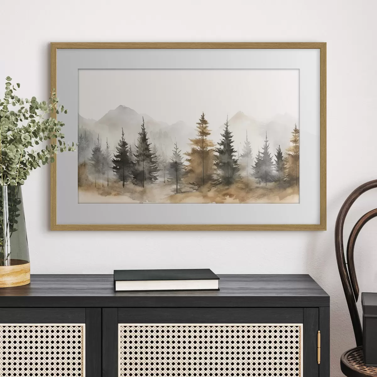Poster Aquarelle d'épicéas sur fond de montagnes f36010