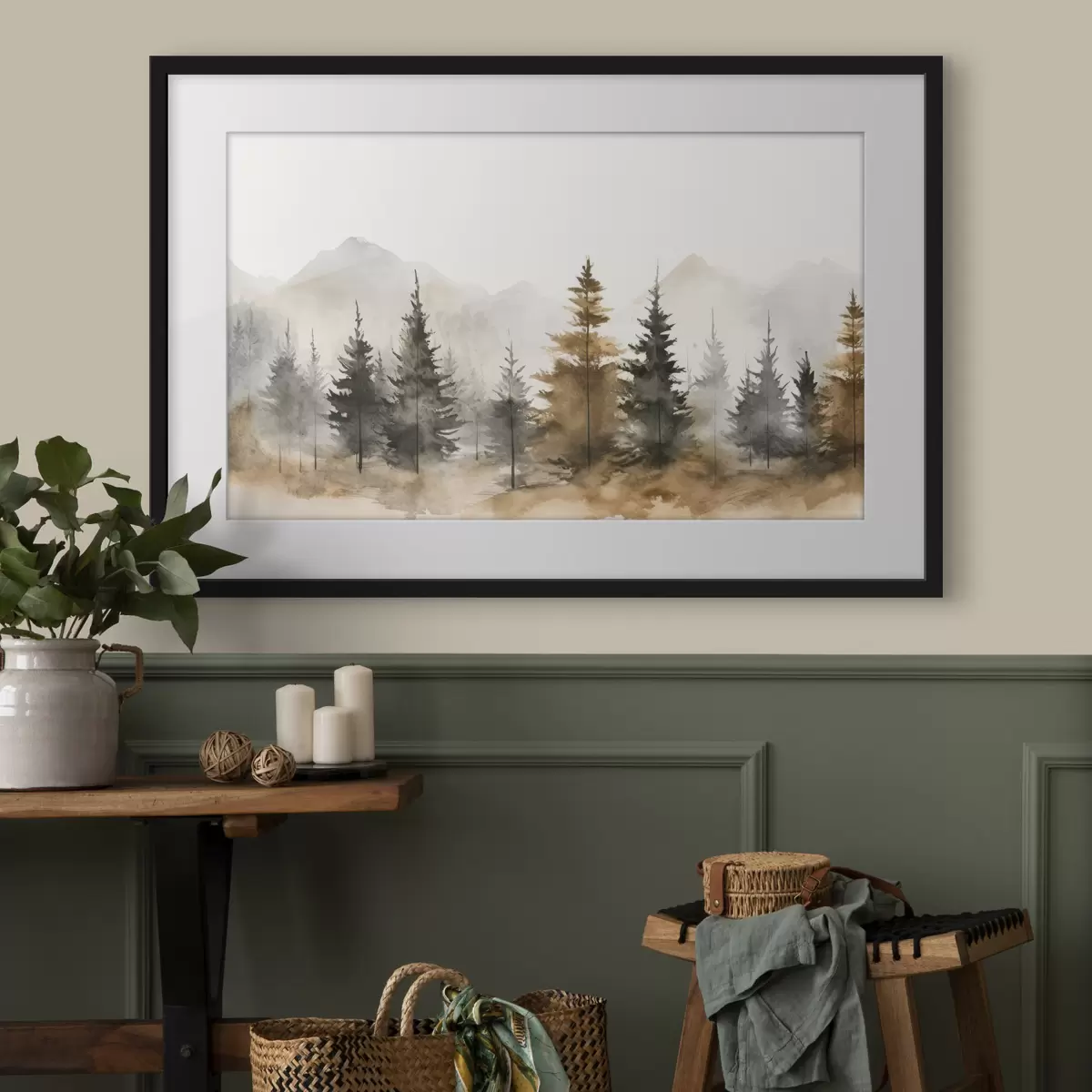 Poster Aquarelle d'épicéas sur fond de montagnes f36010