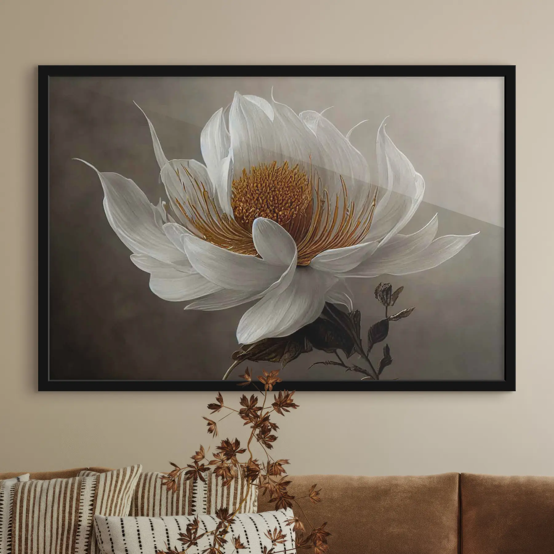 Papier peint Fleur blanche sur fond gris f35725