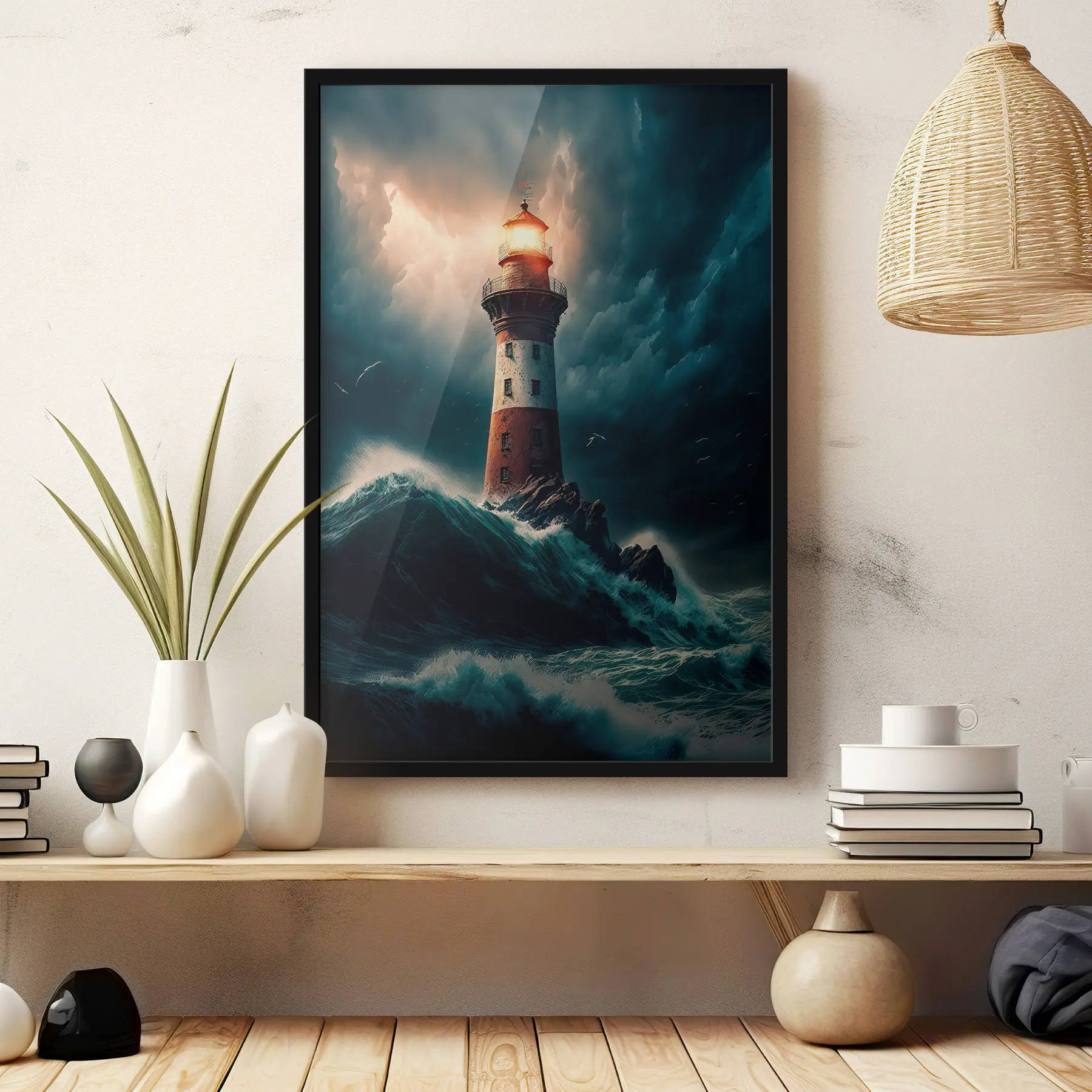 Tableau Un phare pittoresque sur une île isolée pendant une tempête. f35349