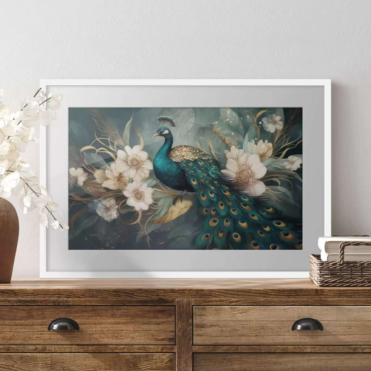 Poster Paon dans des fleurs sur un fond sombre f34866