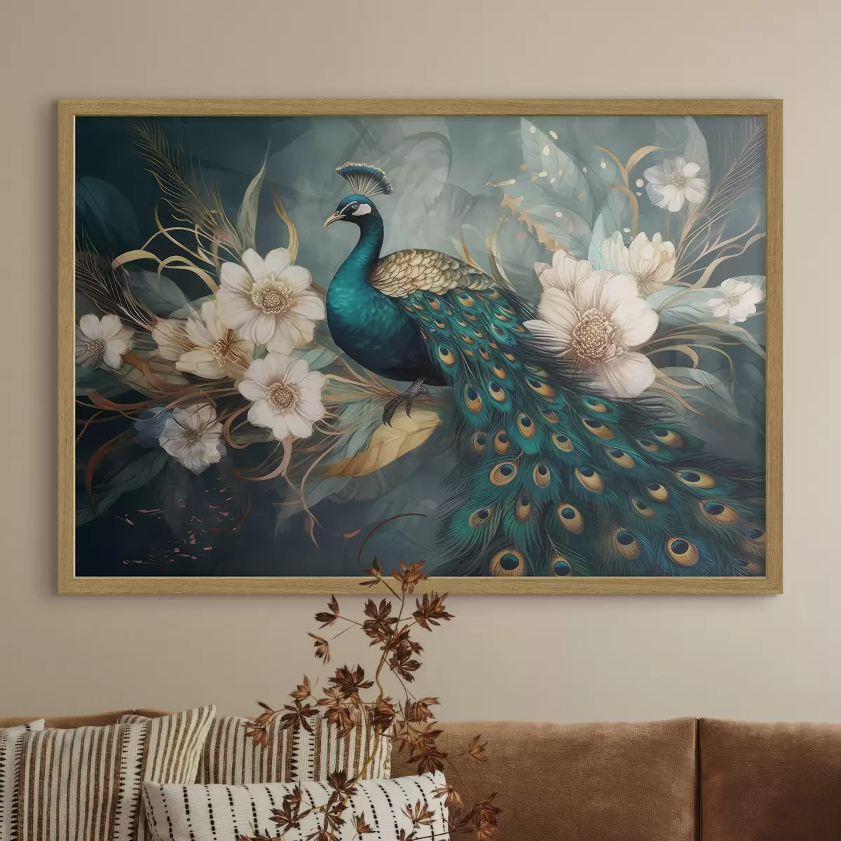 Poster Paon dans des fleurs sur un fond sombre f34866
