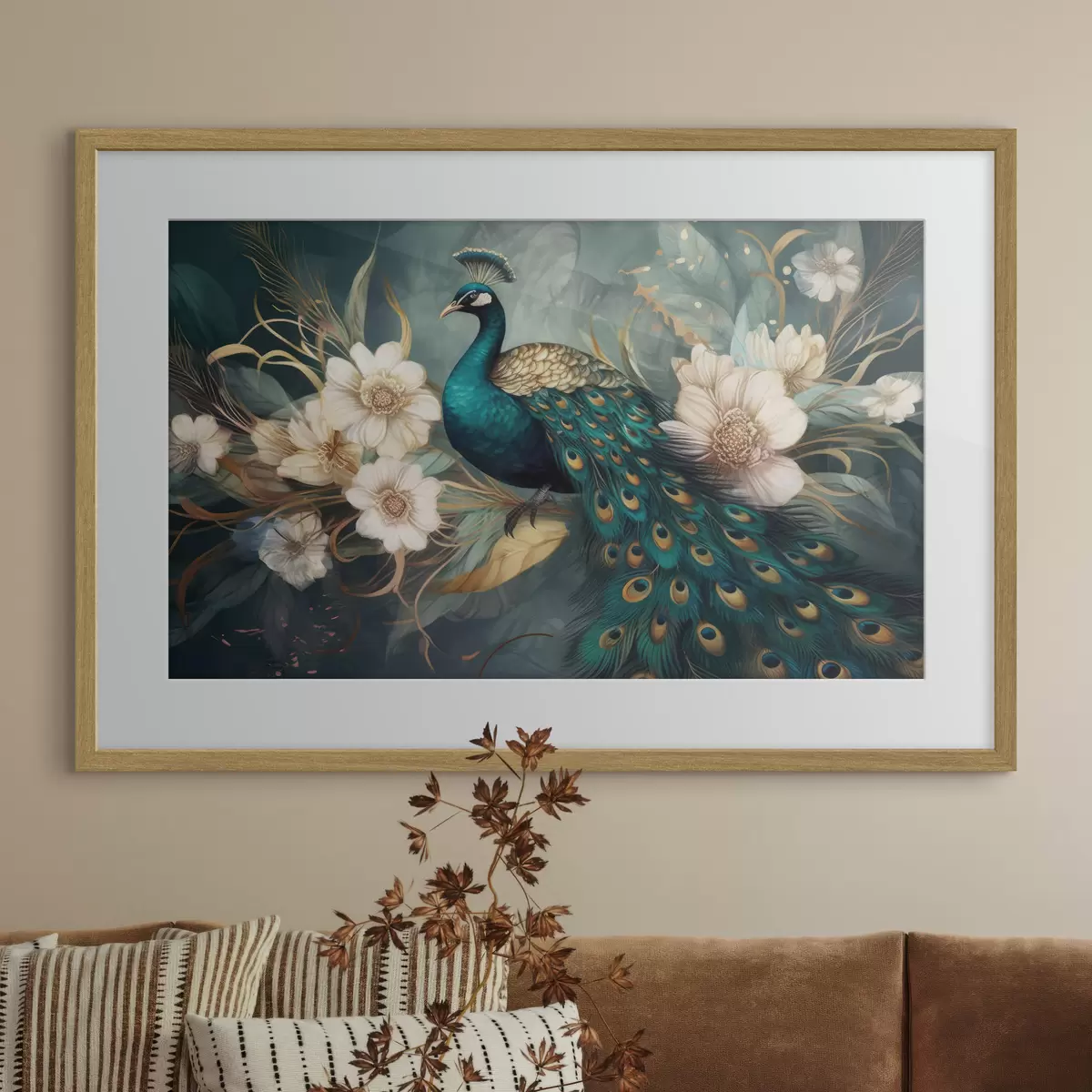 Poster Paon dans des fleurs sur un fond sombre f34866