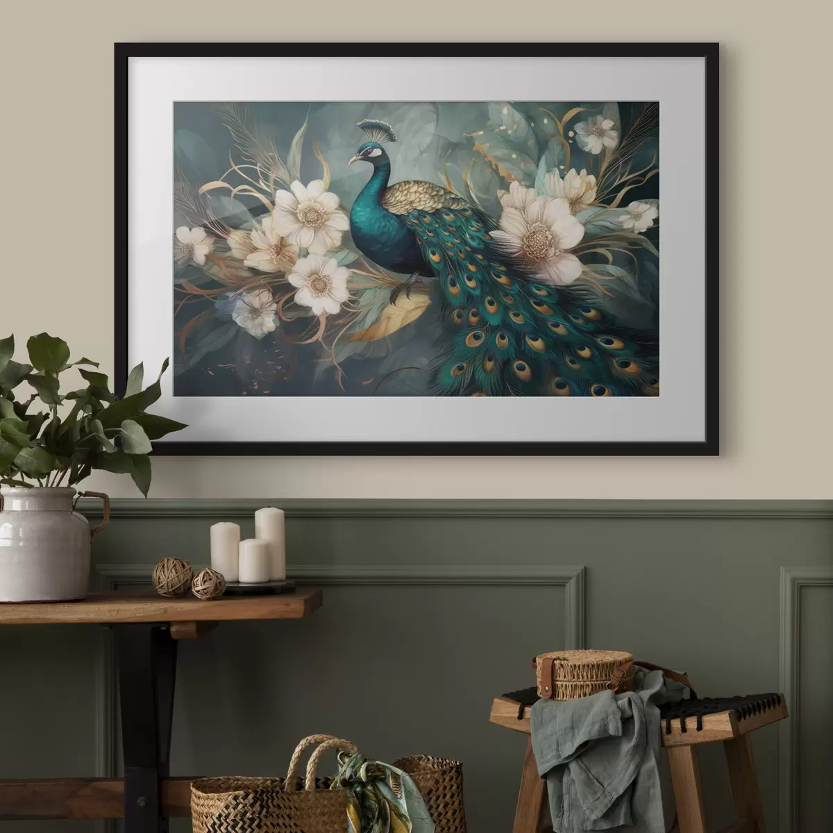 Poster Paon dans des fleurs sur un fond sombre f34866