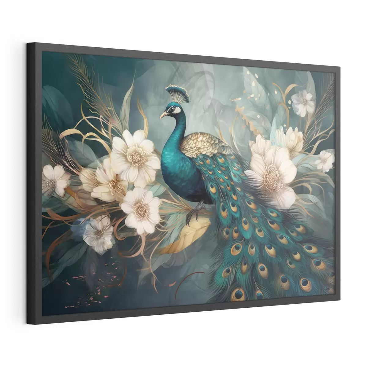 Poster Paon dans des fleurs sur un fond sombre f34866