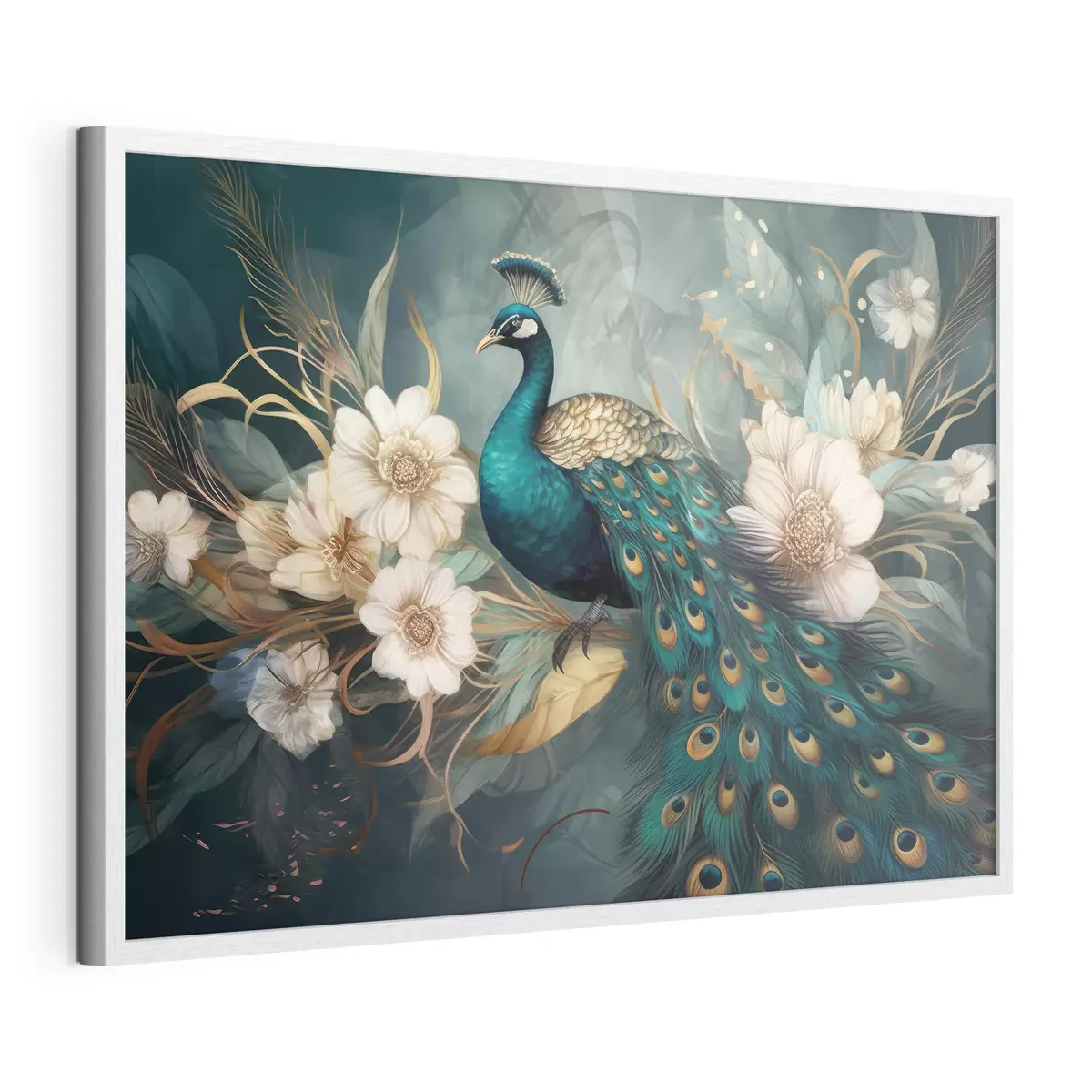 Poster Paon dans des fleurs sur un fond sombre f34866