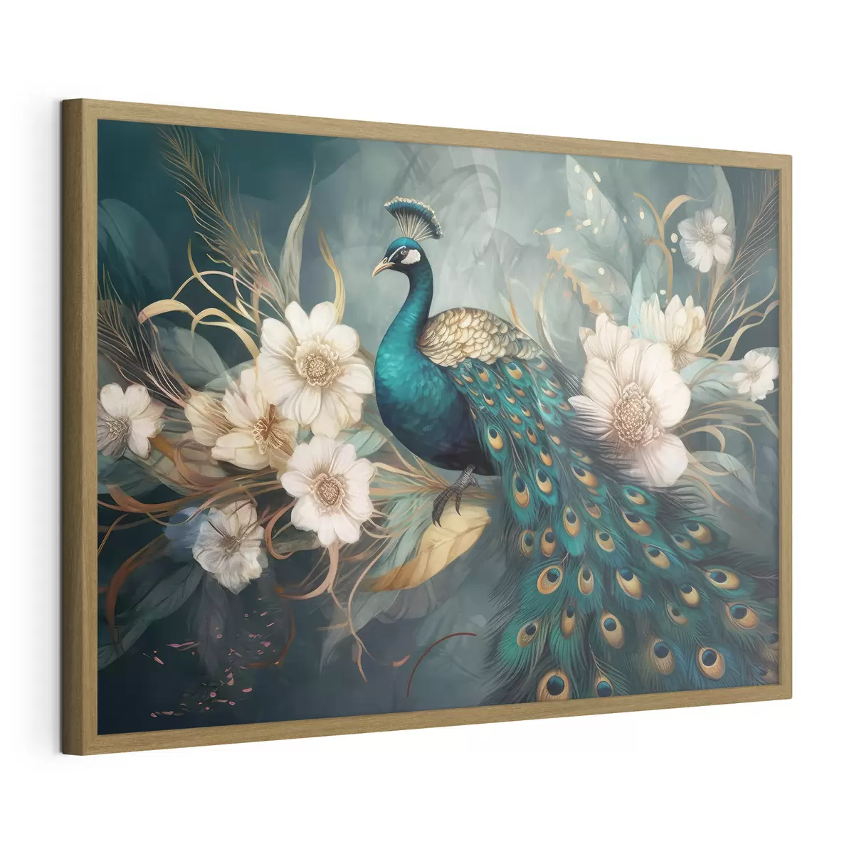 Poster Paon dans des fleurs sur un fond sombre f34866