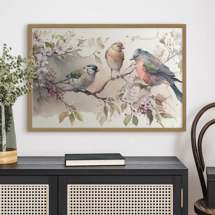 Papier peint Oiseaux colorés sur une branche d'un arbre en fleurs f34490