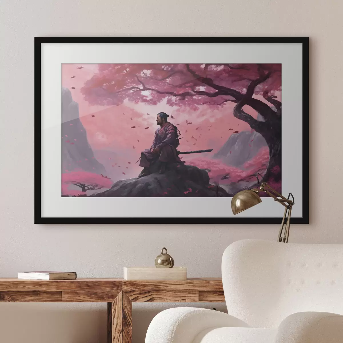 Poster Samouraï peint sous un cerisier en fleurs f33526