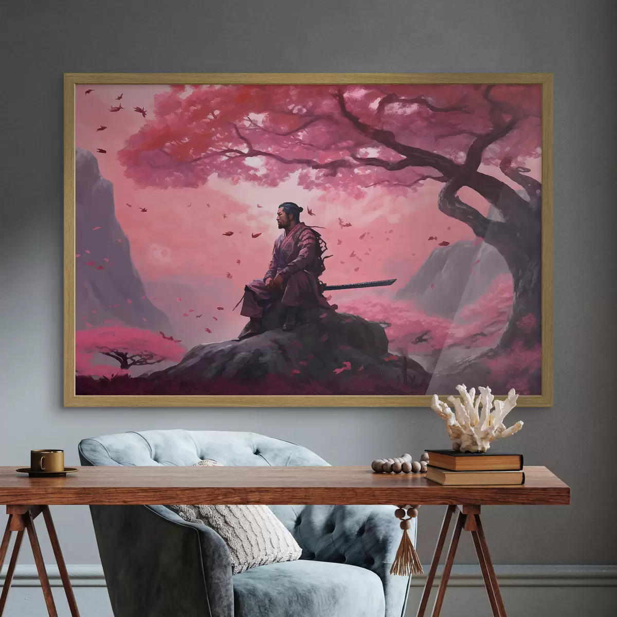 Poster Samouraï peint sous un cerisier en fleurs f33526