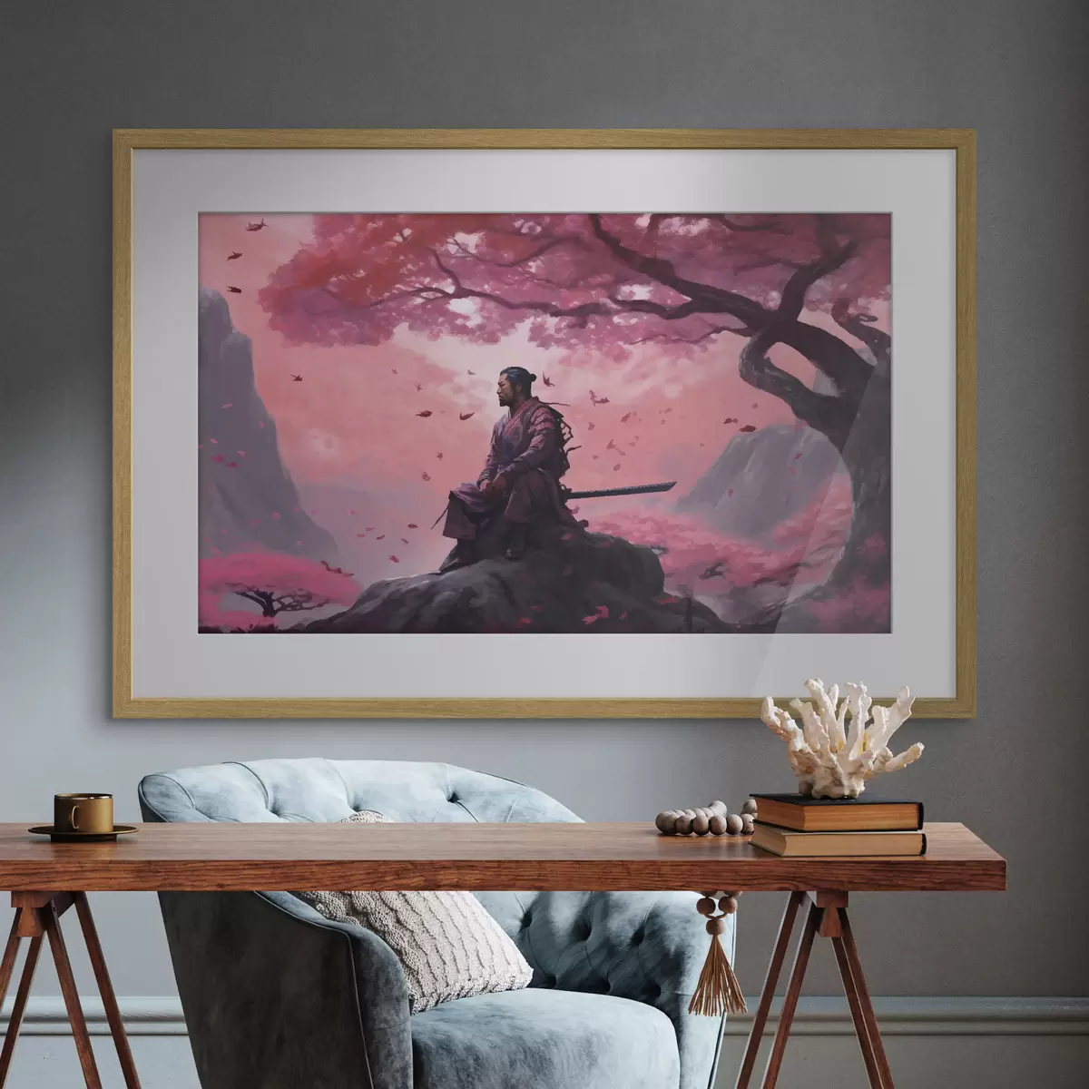 Poster Samouraï peint sous un cerisier en fleurs f33526