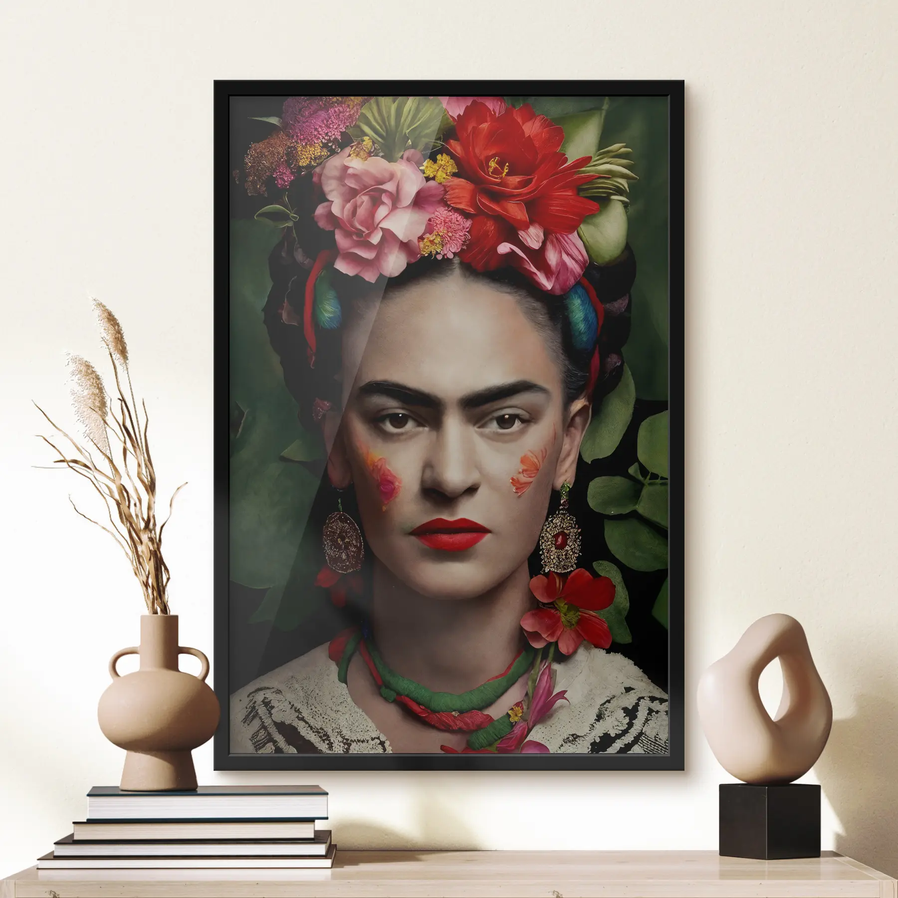 Tableau Frida Kahlo avec des fleurs sur fond vert f32861