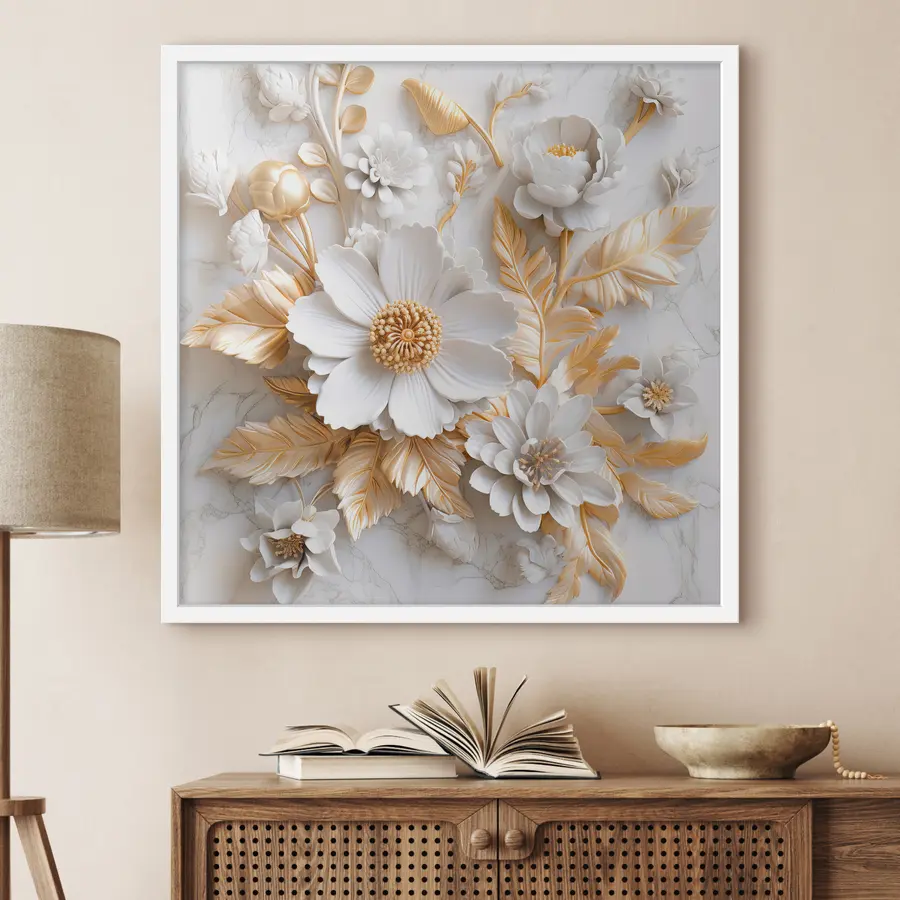 Papier peint Fleurs 3D sur marbre blanc f32778